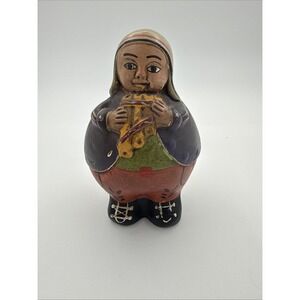 Vintage Chulucanas Peruvian Handmade Pottery Of Figure Playing Pan Pipes